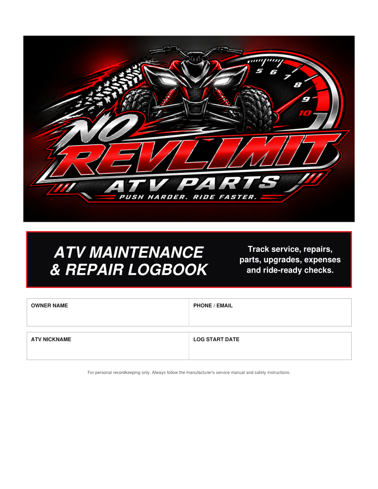 ATV Maintenance & Repair Logbook — Printable Digital Download